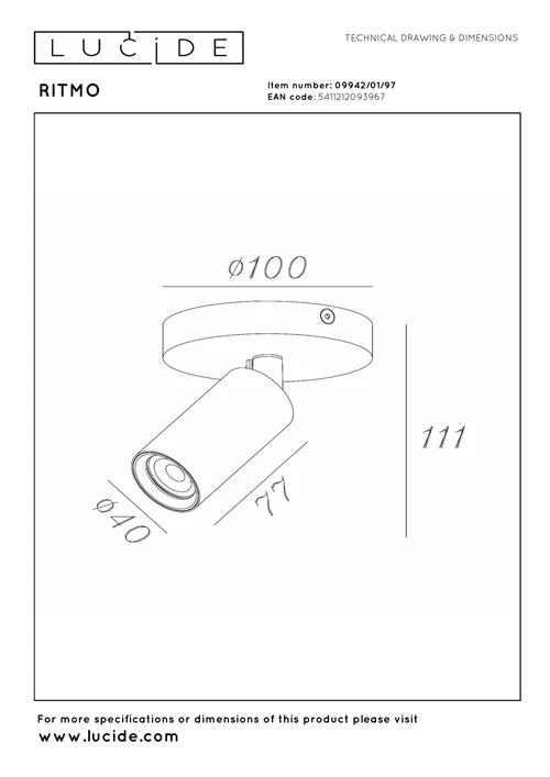 Lucide RITMO - Deckenstrahler - Ø 10 cm - 1xGU10 (MR11) - Kaffee - technisch